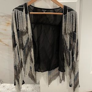 Abstract Design Heavy Embellished Open Front Tassel Jacket